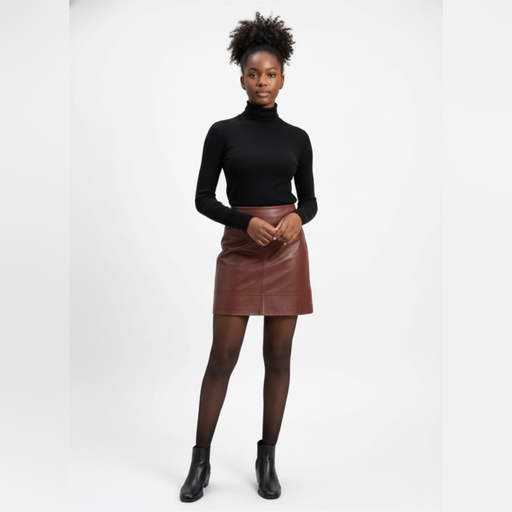 Halogen Rich Brown Real Leather Mini Skirt